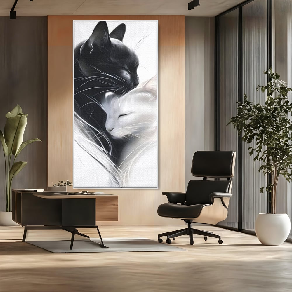 Tablou canvas cu tablou canvas cu pisici alb si negru, in rama de aluminiu argintiu, pe perete intr-un birou